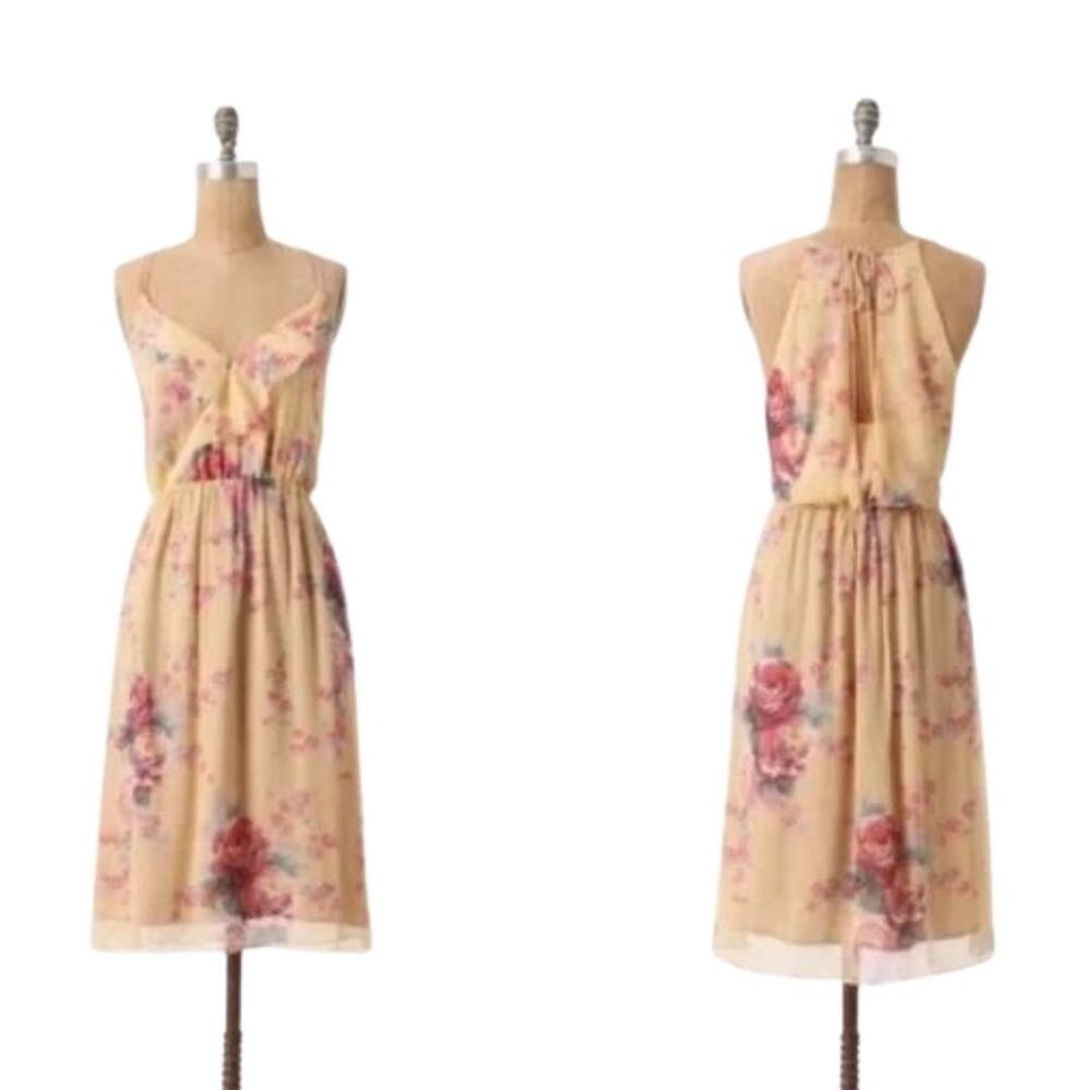 Meadow Rue Yellow Floral Print 100% Silk Ruffle Accent Dress Sz 6 Small